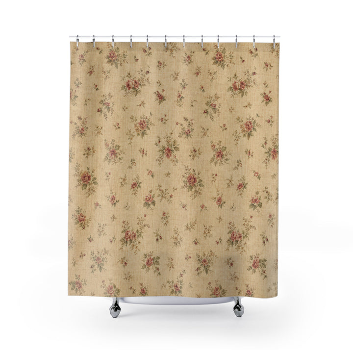 Warm beige farmhouse shower curtain with tiny dusty-rose floral bouquets