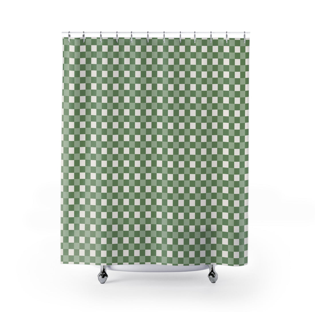 Cream and sage green shower curtain with a medium gingham check