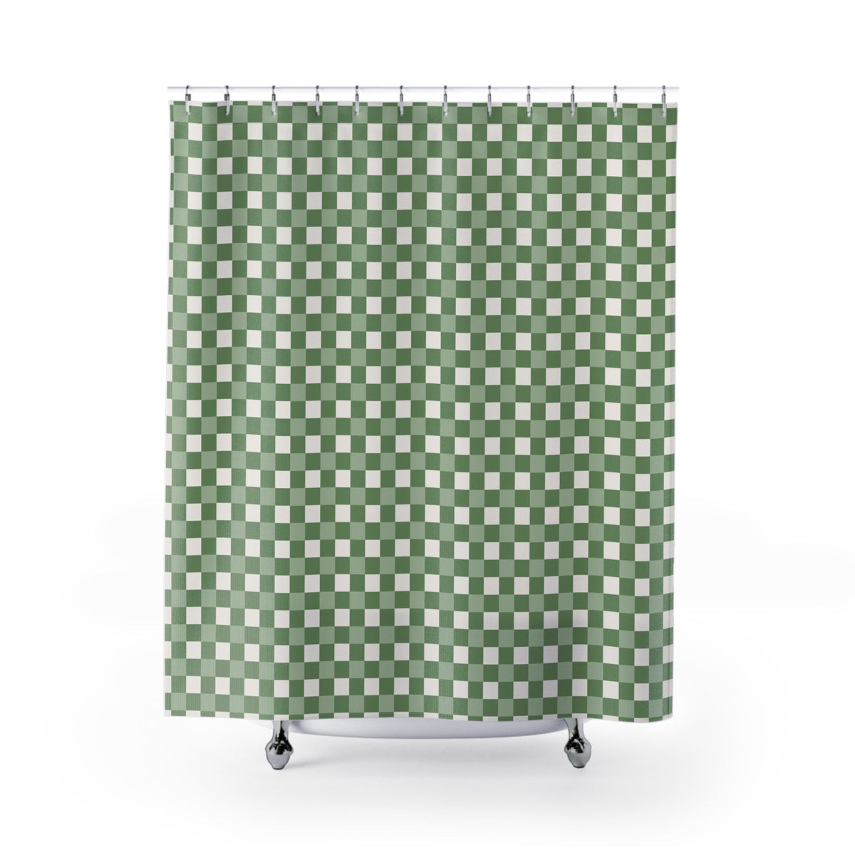 Cream and sage green shower curtain with a medium gingham check