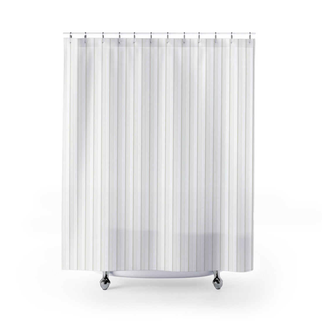 White shower curtain with very fine warm-gray vertical tone-on-tone stripes