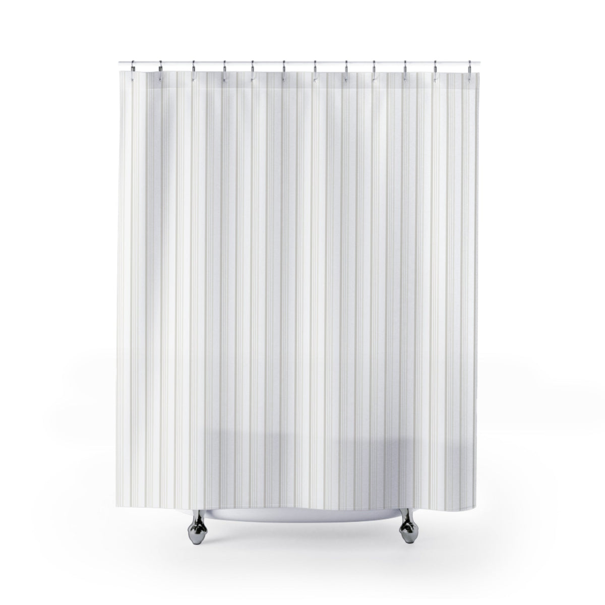 White shower curtain with very fine warm-gray vertical tone-on-tone stripes