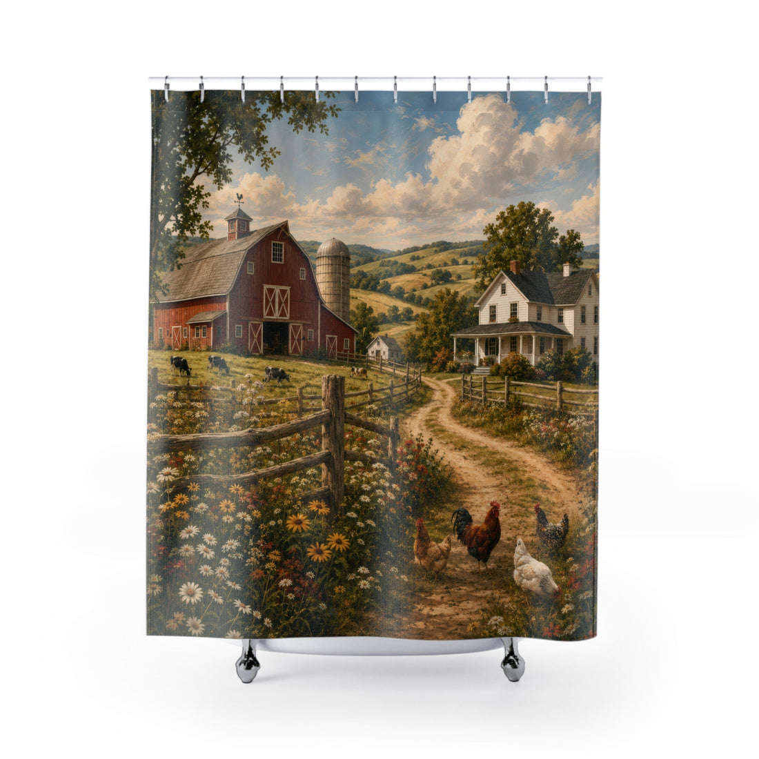 Rustic farm landscape shower curtain with red barn, farmhouse, fence, chickens, and wildflowers