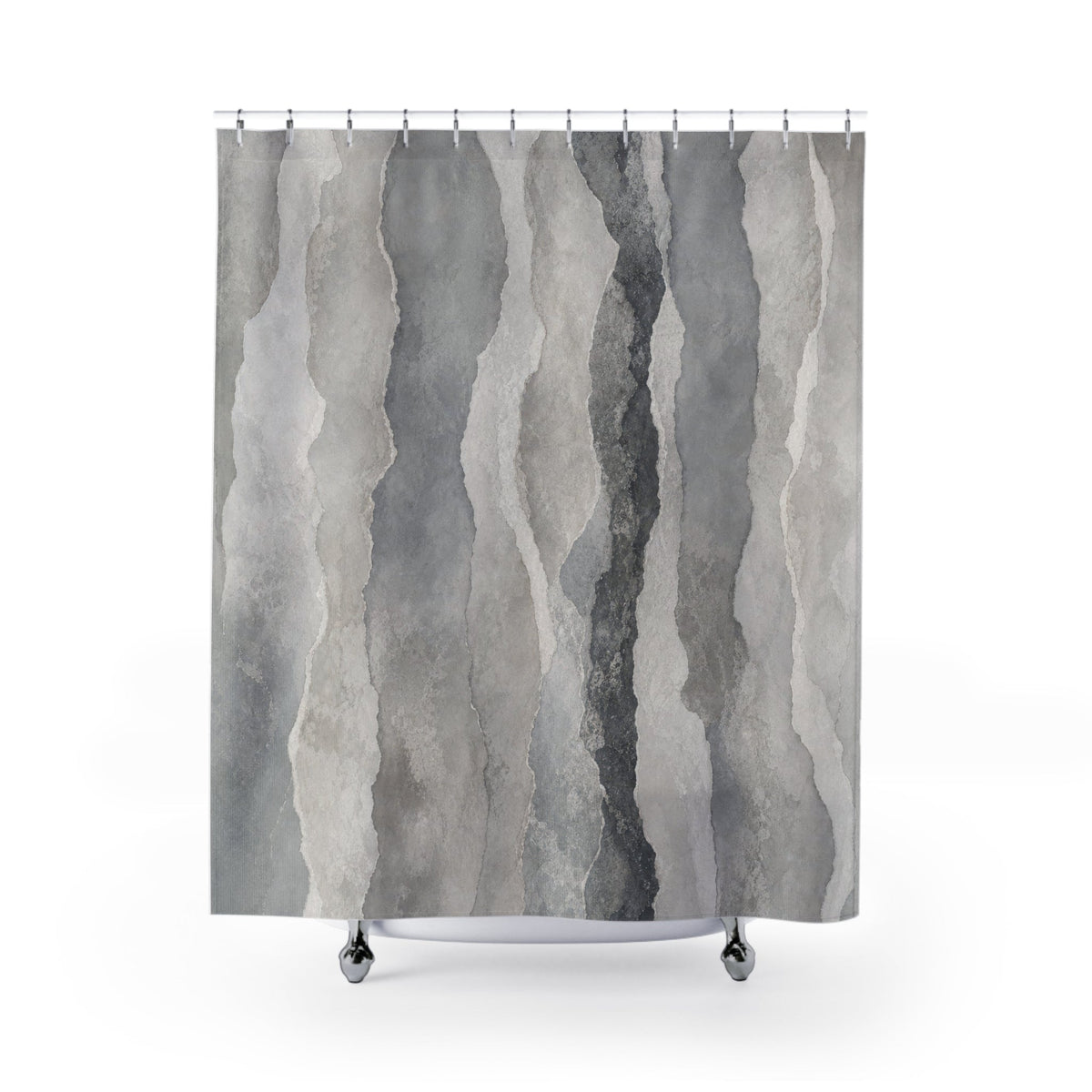 Gray watercolor striped shower curtain in layered cool and soft gray tones