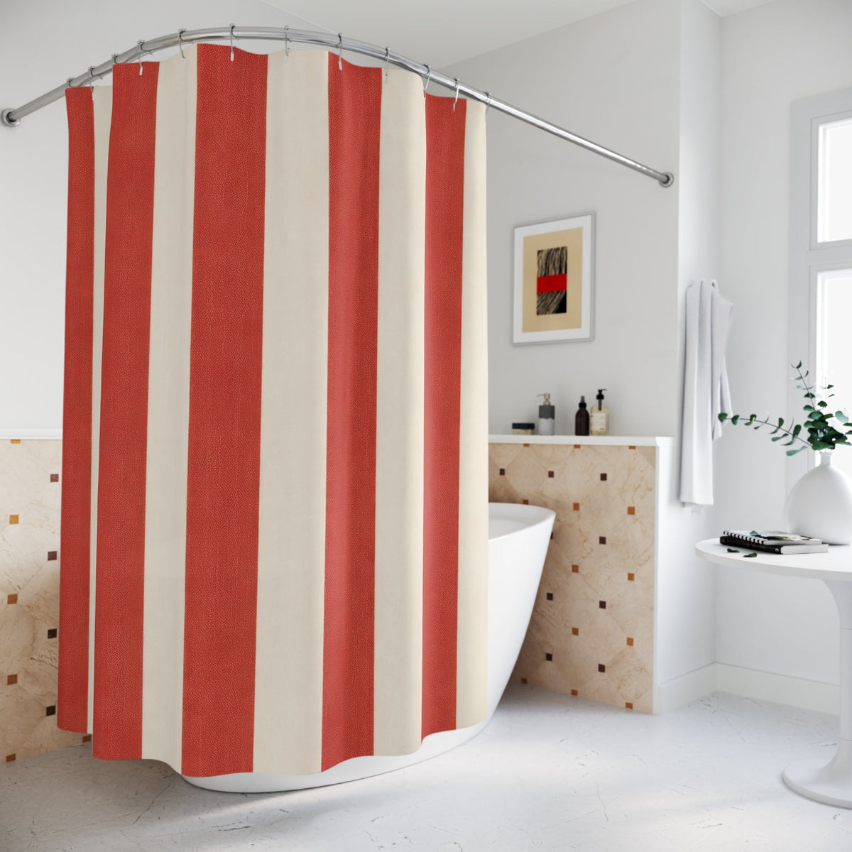 Shower curtain with broad brick-red and warm-white vertical stripes