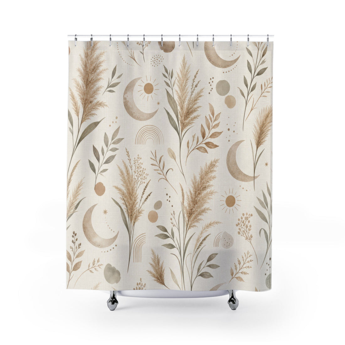 Cream shower curtain with warm beige moons, suns, rainbows, and botanical sprigs