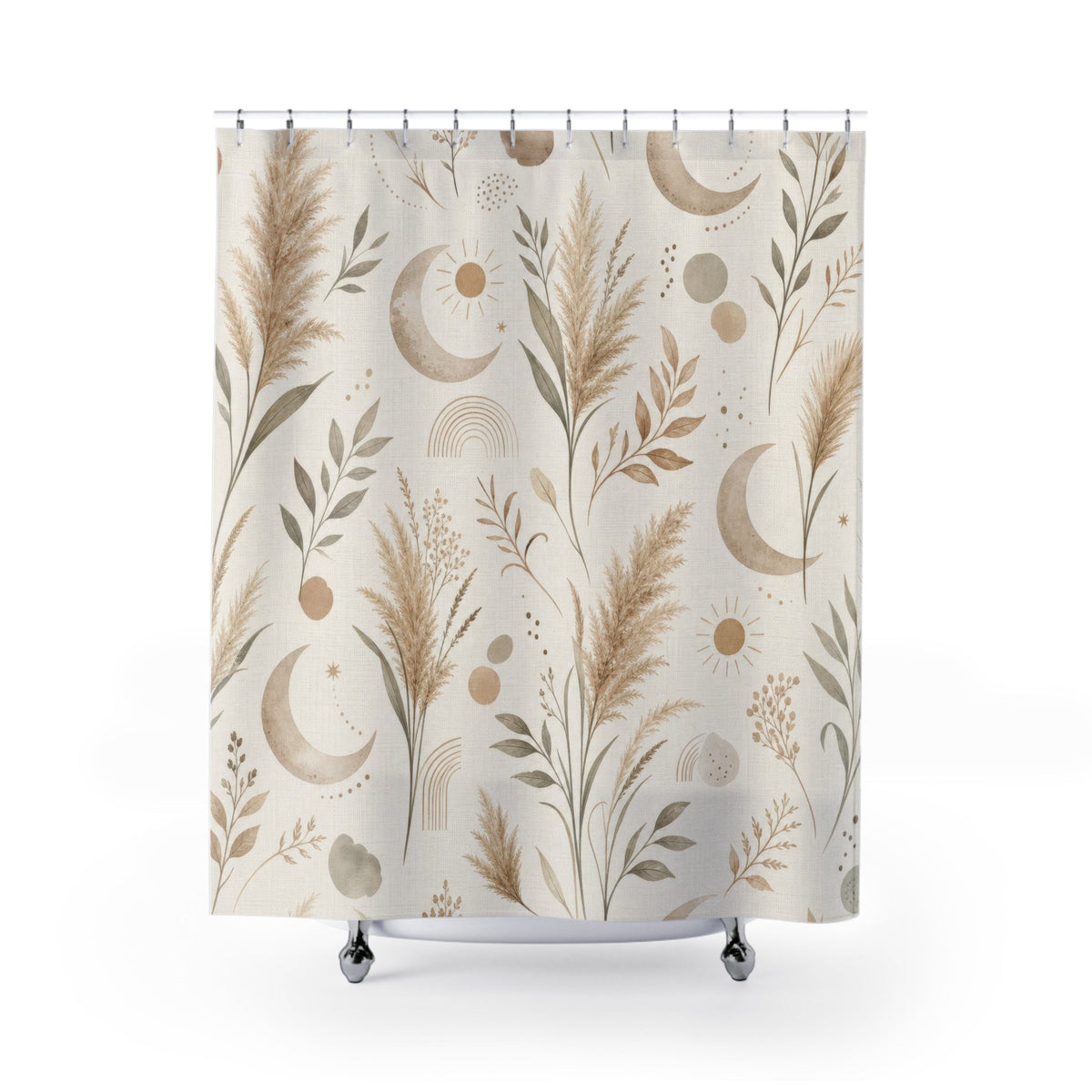 Cream shower curtain with warm beige moons, suns, rainbows, and botanical sprigs