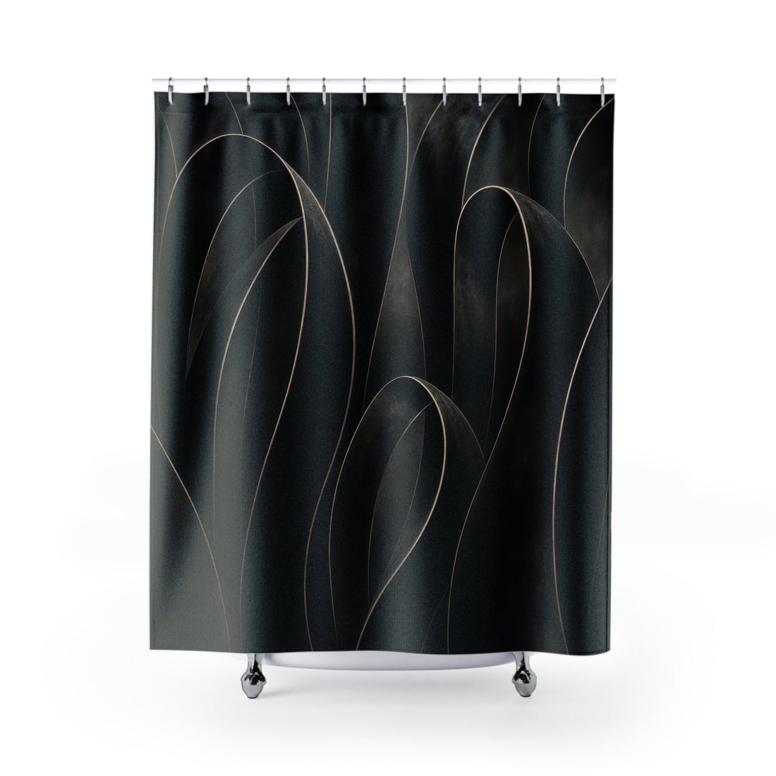Black shower curtain with sparse looping copper-beige abstract ribbon lines