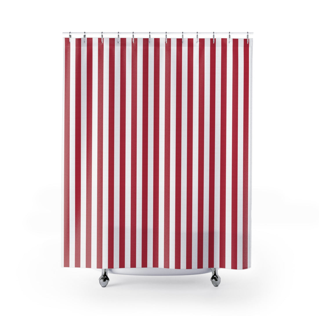 Red and white shower curtain with even vertical cabana stripes