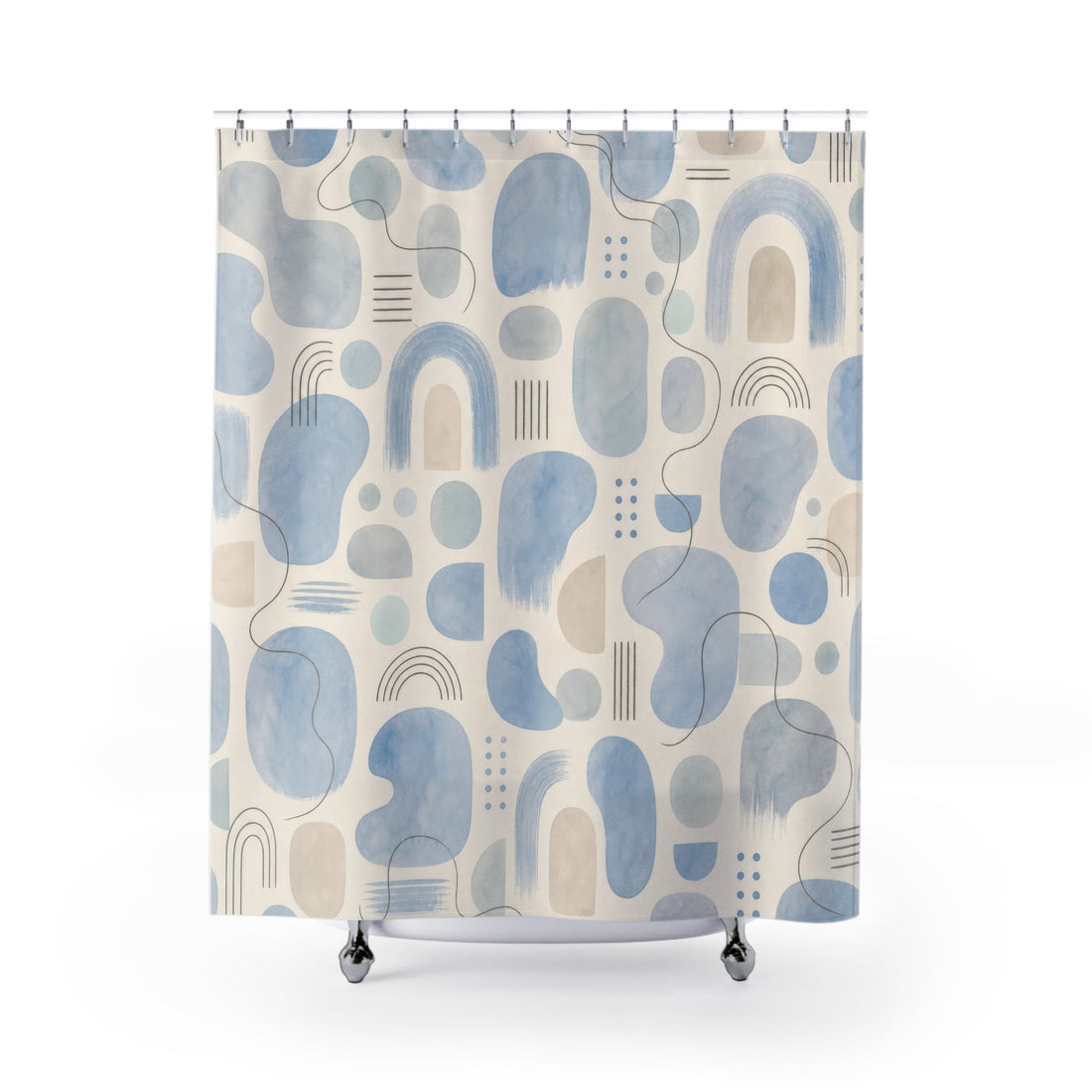 Cream shower curtain with powder-blue abstract blocks, arches, and fine marks