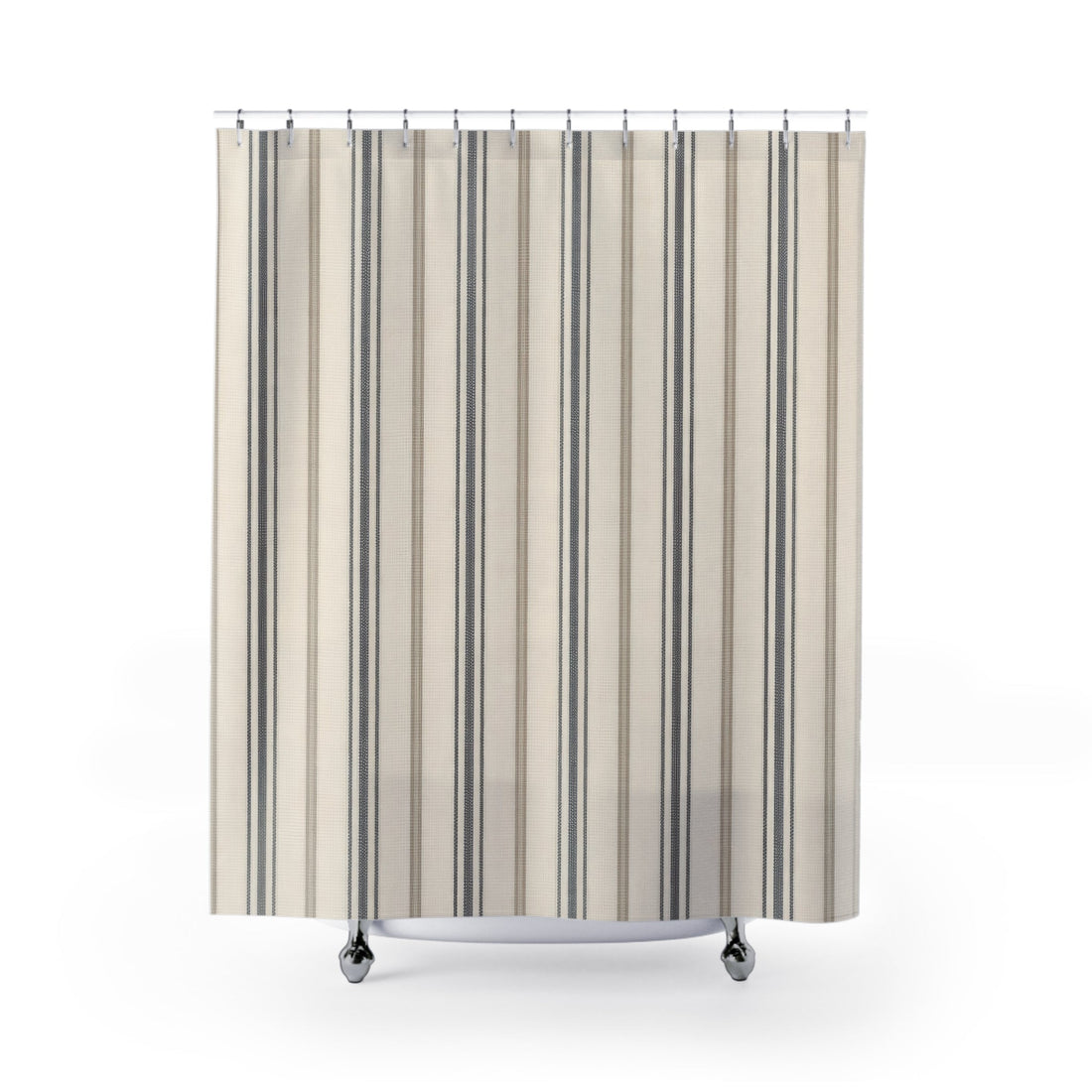 Ivory shower curtain with grouped fine charcoal and taupe ticking stripes