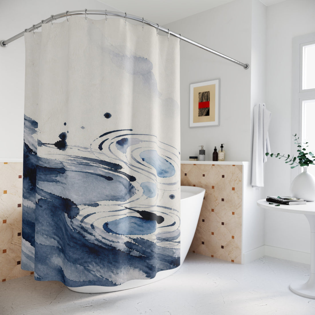 White modern shower curtain with asymmetrical navy watercolor ink washes