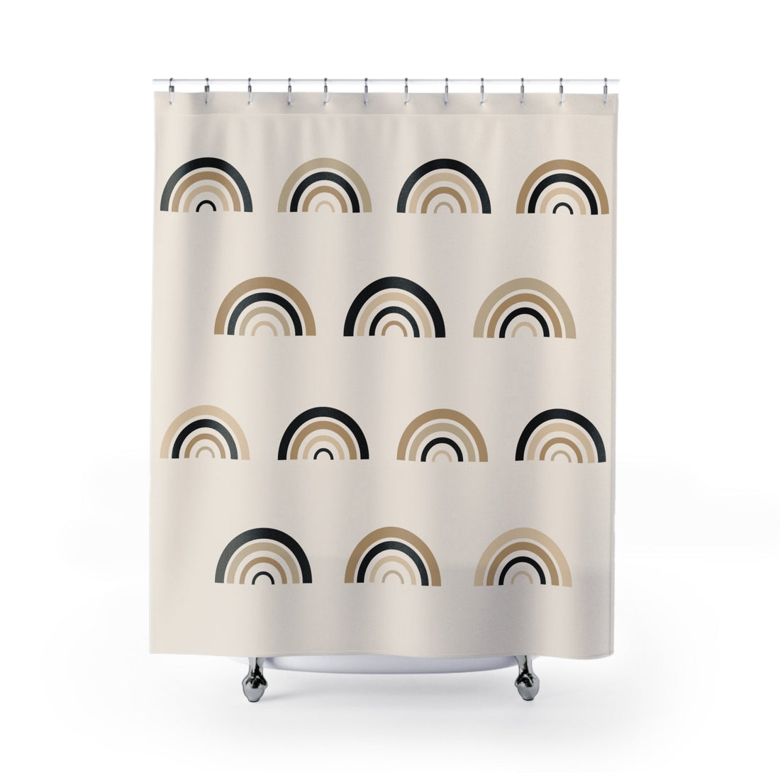 Cream shower curtain with repeated black and tan boho rainbow arches