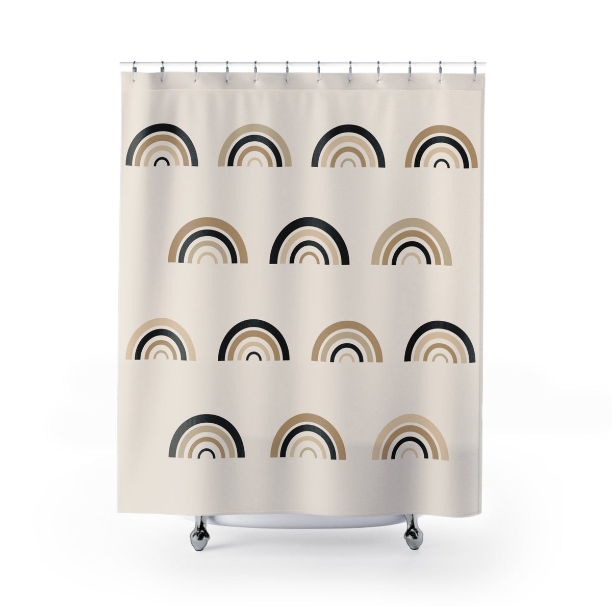 Cream shower curtain with repeated black and tan boho rainbow arches