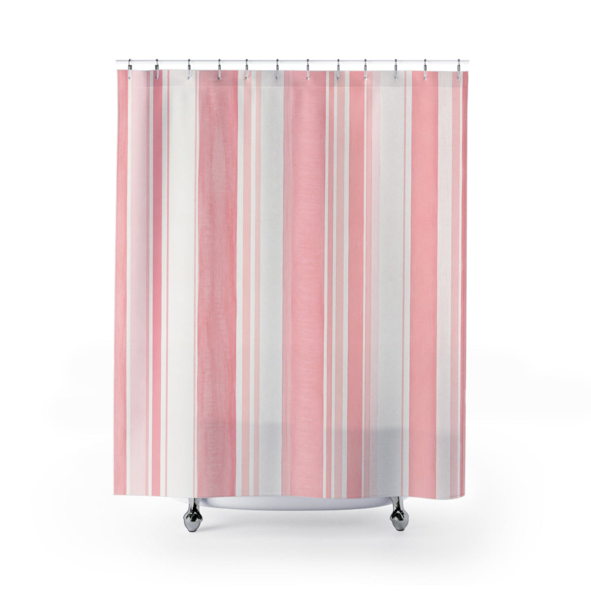Blush pink and white shower curtain with varied watercolor vertical stripes