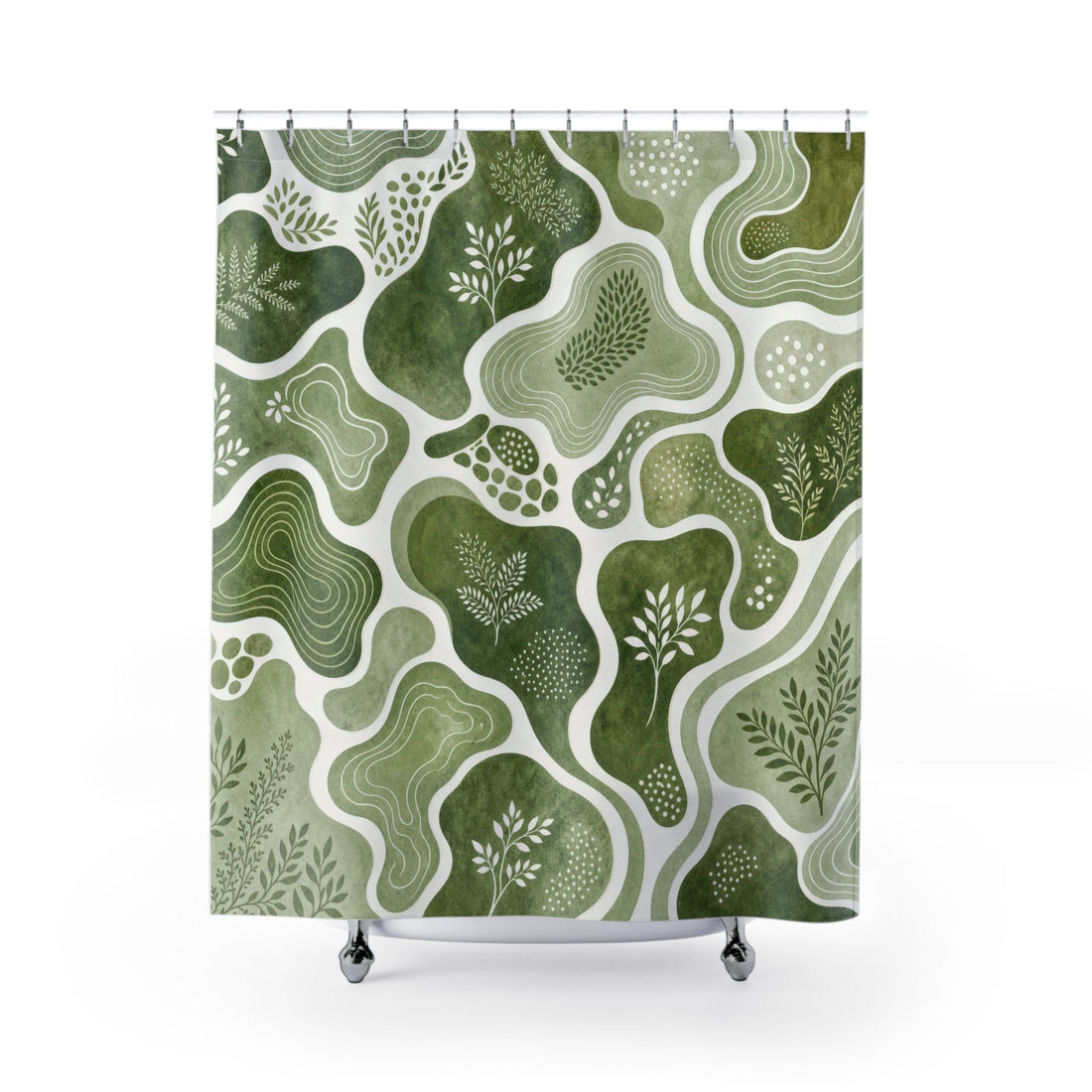Green and white shower curtain with organic topographic shapes and botanical marks