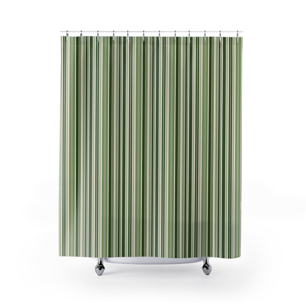 Shower curtain with dense narrow stripes in forest green, sage, olive, cream, and charcoal