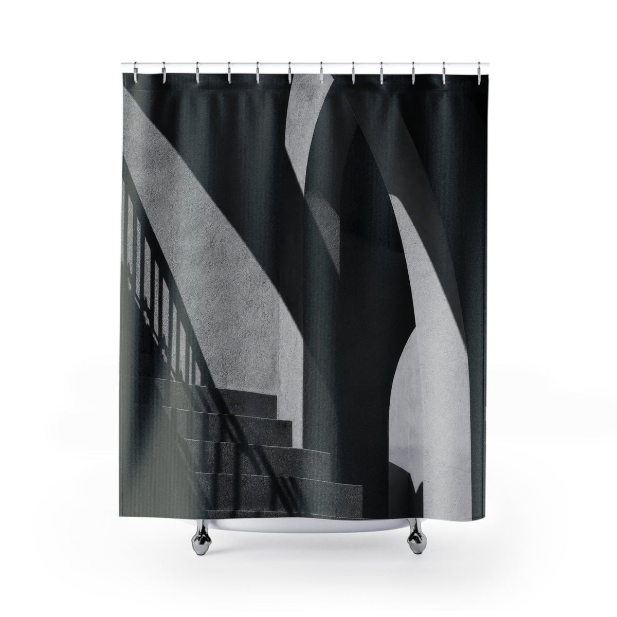 Black and white architectural shower curtain with stairs and sweeping concrete curves