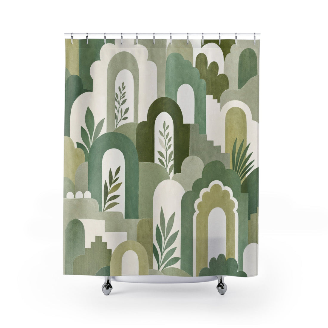Sage and cream botanical shower curtain with layered boho arches