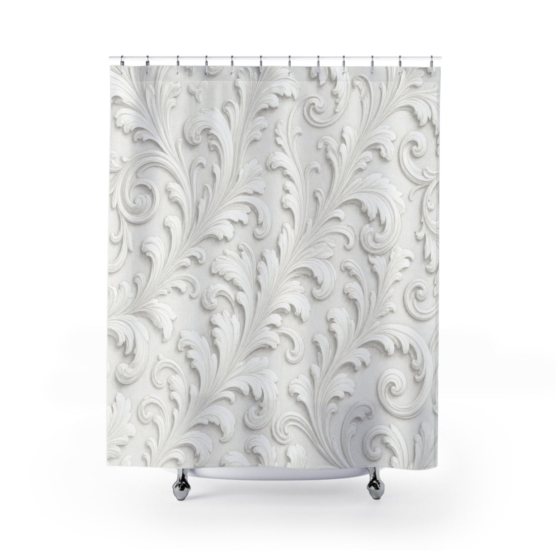 White shower curtain with large pearl-gray baroque acanthus relief scrolls