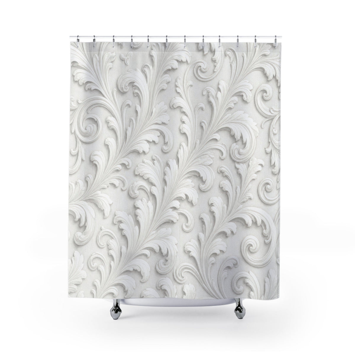 White shower curtain with large pearl-gray baroque acanthus relief scrolls