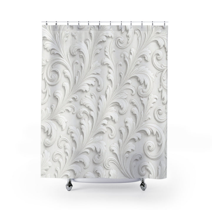 White shower curtain with large pearl-gray baroque acanthus relief scrolls