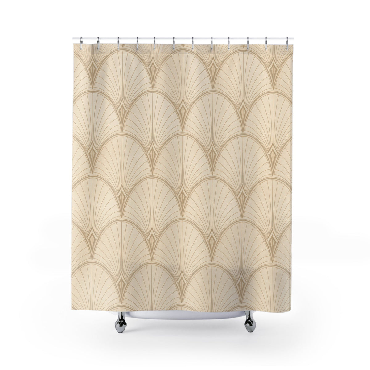Cream shower curtain with warm beige repeating Art Deco fan scallops