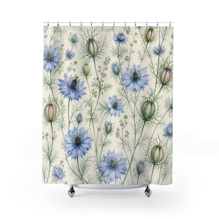 White floral shower curtain with airy blue love-in-a-mist flowers and seed pods