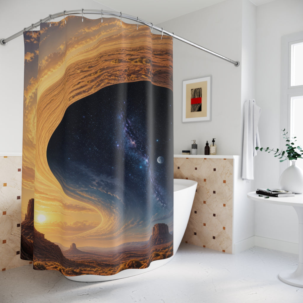 Golden cosmic portal above desert mesas shower curtain beside a freestanding tub