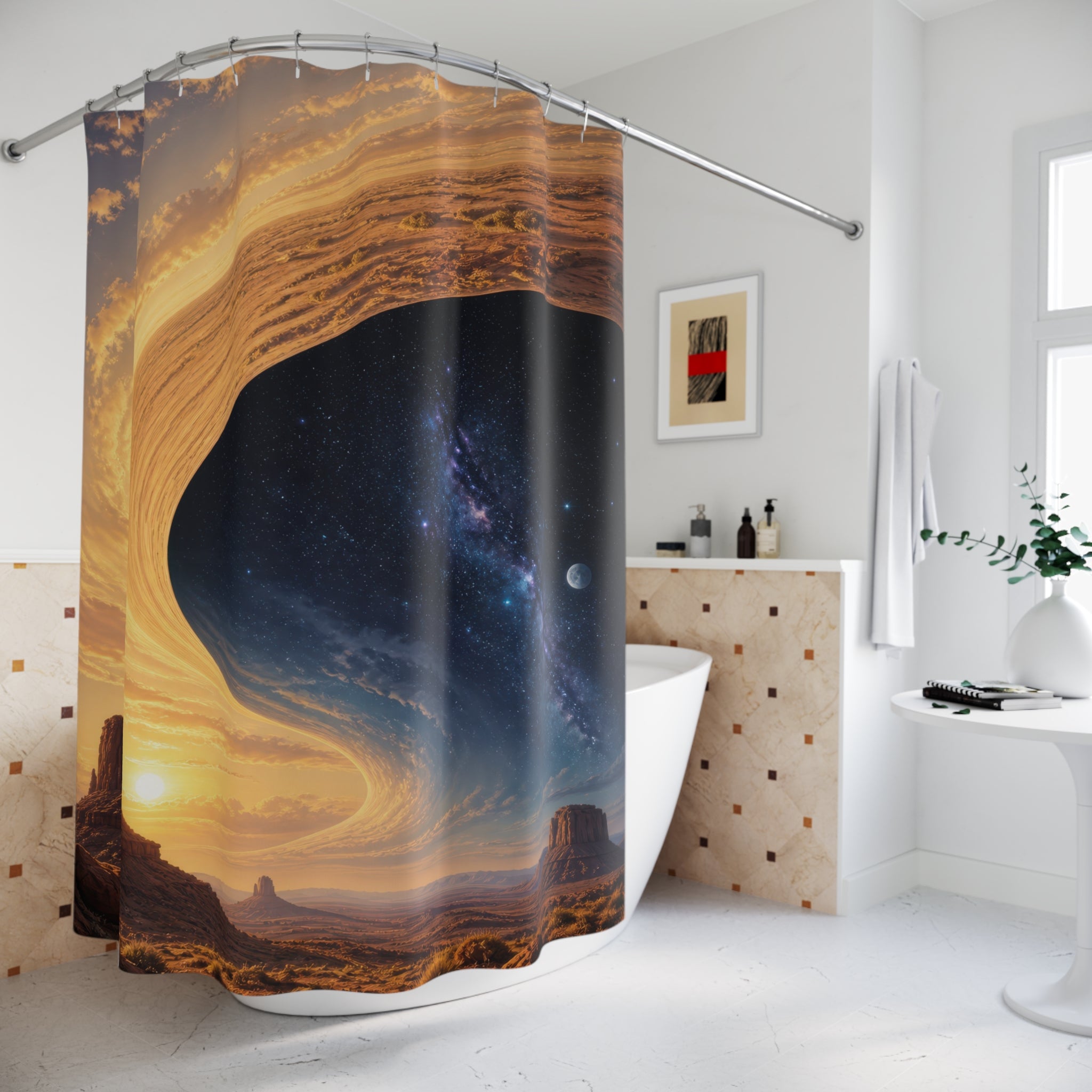 Golden cosmic portal above desert mesas shower curtain beside a freestanding tub