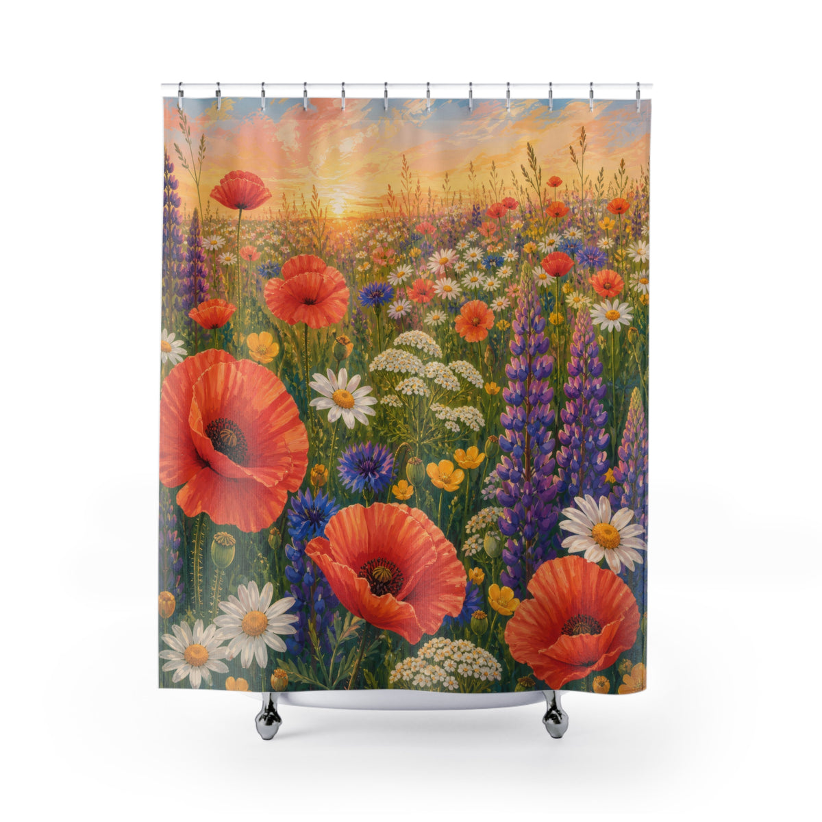 Sunset wild flower meadow with poppies lupines and daisies shower curtain with full front view