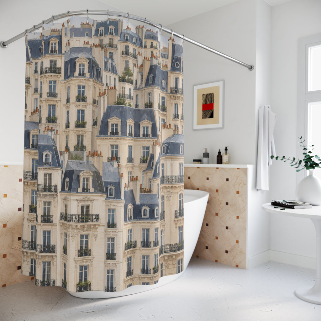 Cream Paris façades with slate roofs and dark balconies shower curtain beside a freestanding tub