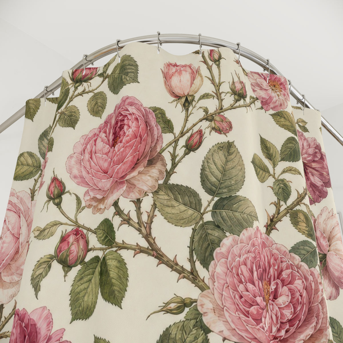 Vintage Pink Floral Botanical rose shower curtain with close-up print, hooks, and folds