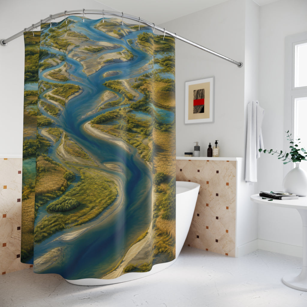 Aerial river delta with turquoise braided waterways shower curtain beside a freestanding tub