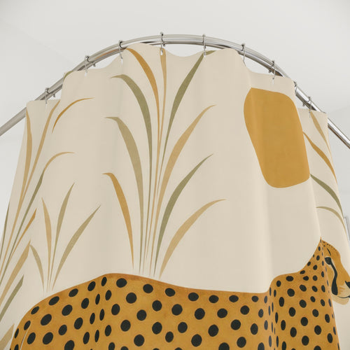 Animal Print Cheetah Modern Boho Beige Black shower curtain with close-up print, hooks, and folds