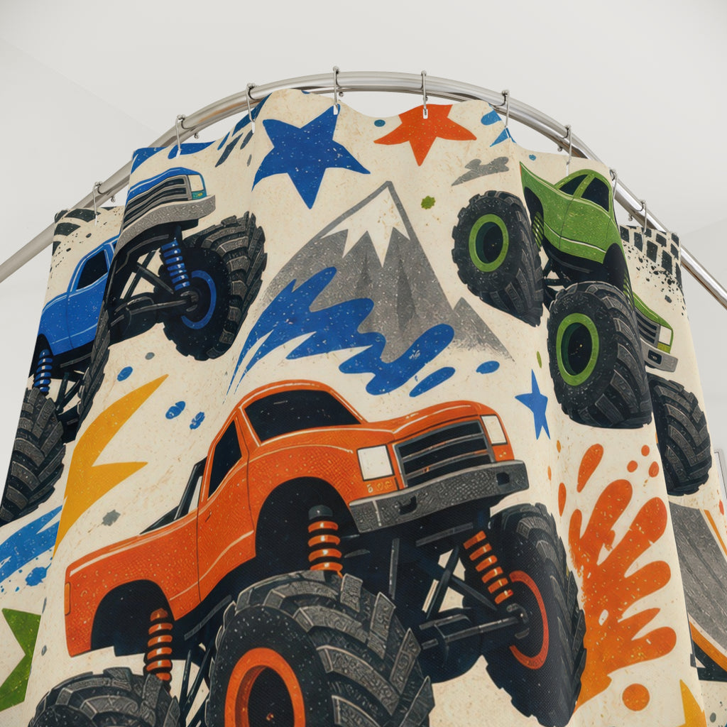 Monster Truck Shower Curtain, Off Road Vehicle Bathroom Decor, Tire Track Bath Curtain, Big Truck Kids Bathroom Art, Boys Bath Decor