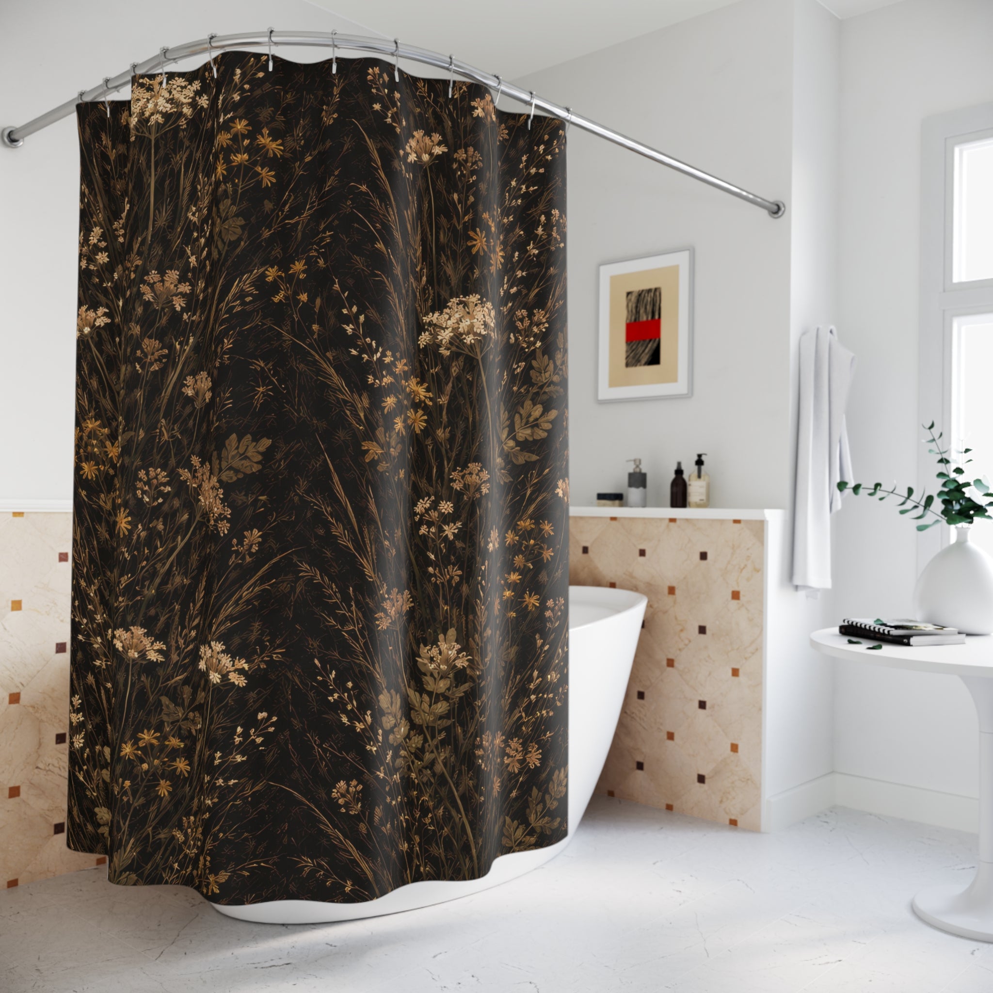 Dark Floral Shower Curtain — Black Gold Meadow