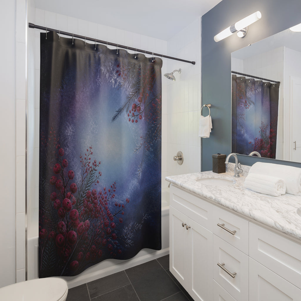 Crimson winter berries around an icy blue halo shower curtain beside a white vanity