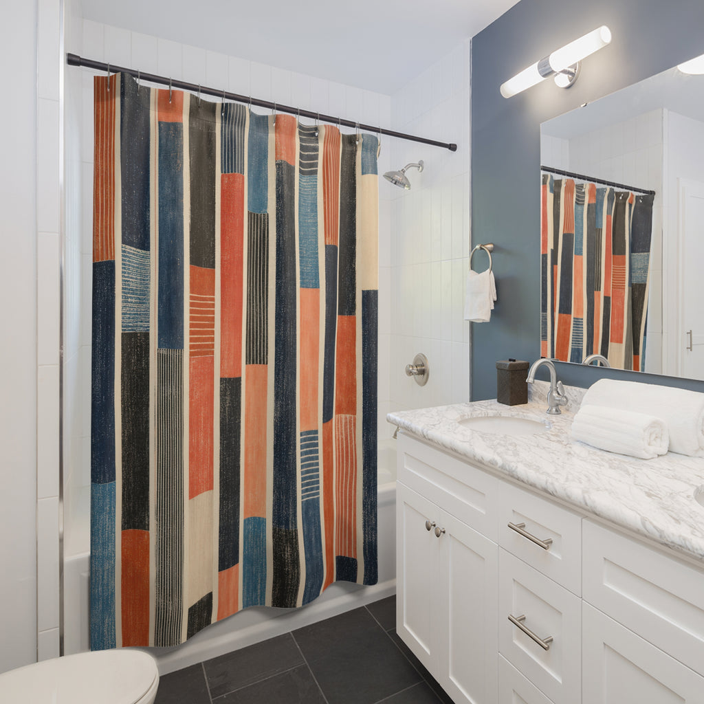 Rust Navy Block Stripe Shower Curtain