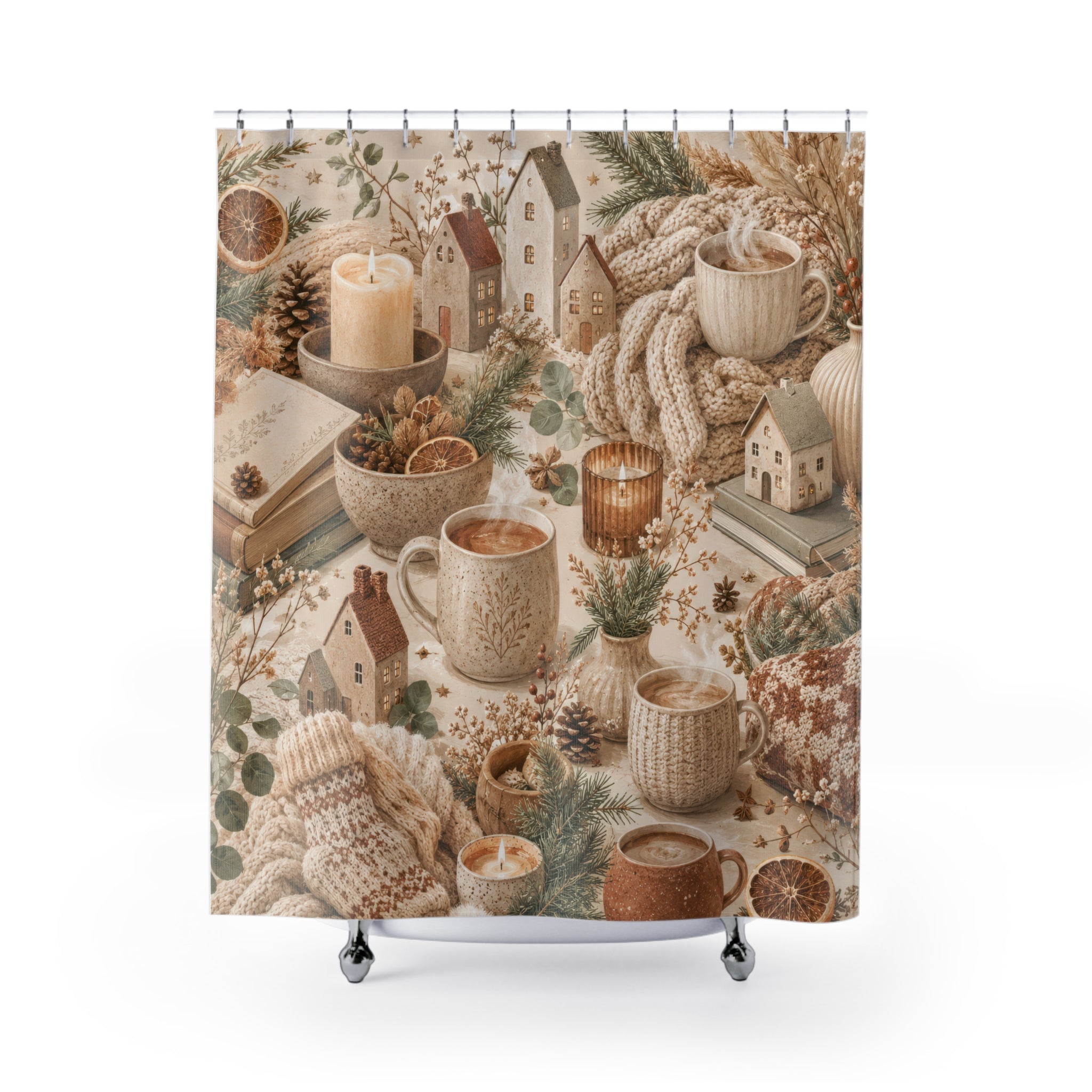 Hygge Winter Shower Curtain: Cream Beige Christmas