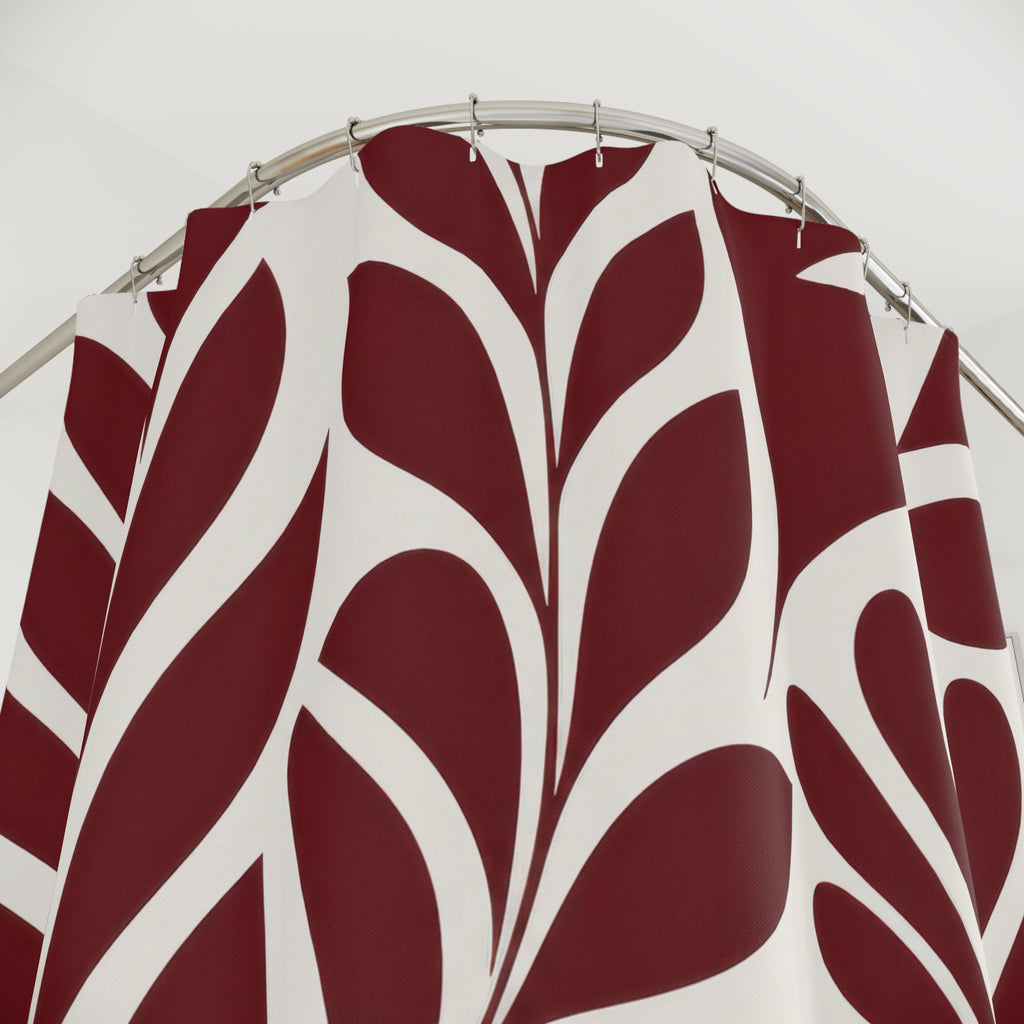 Red Leaf Shower Curtain, Burgundy Tropical Botanical Pattern, Cream White Leaves, Modern Nature Bath Decor, Bold Guest Bathroom Accent