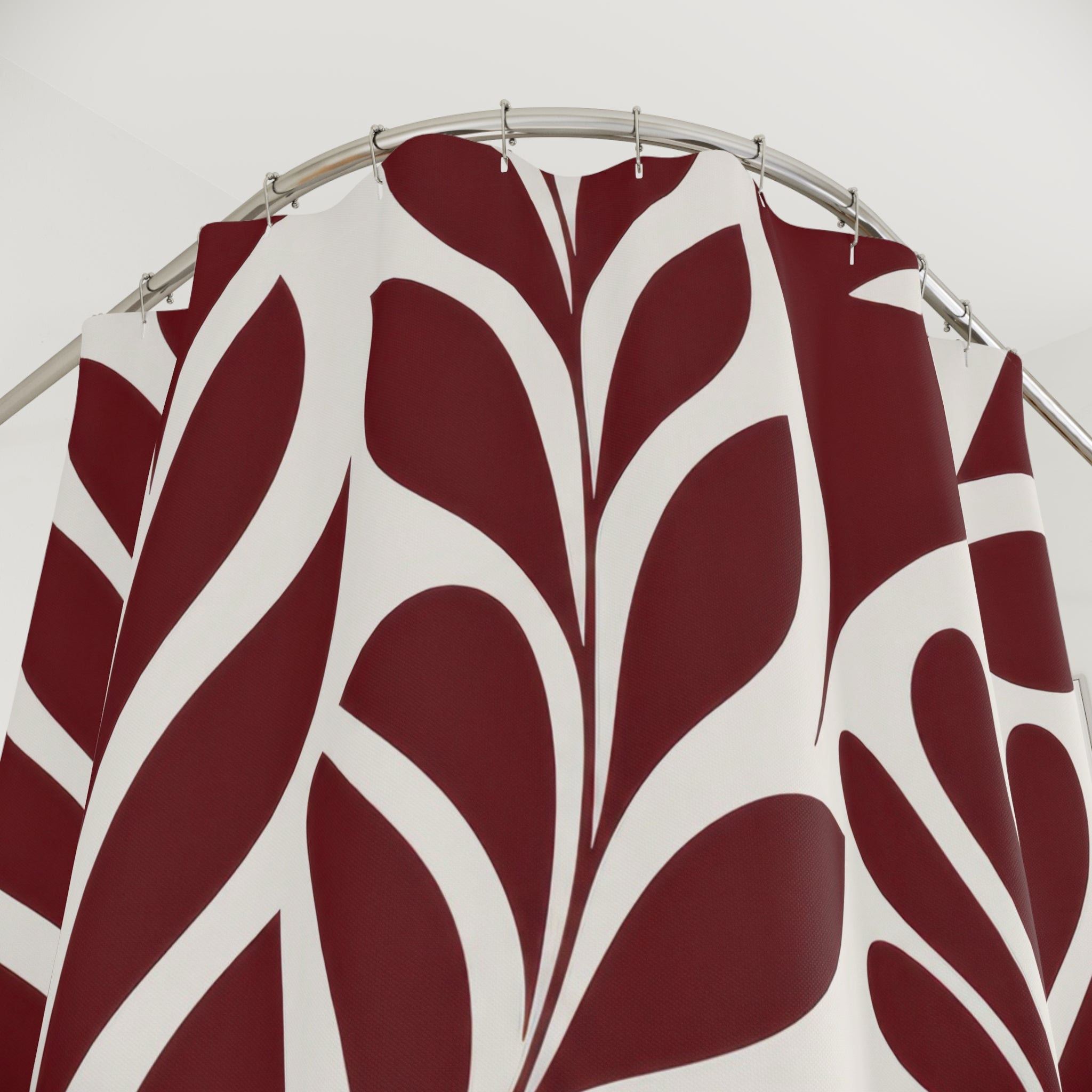 Red Leaf Shower Curtain, Burgundy Tropical Botanical Pattern, Cream White Leaves, Modern Nature Bath Decor, Bold Guest Bathroom Accent