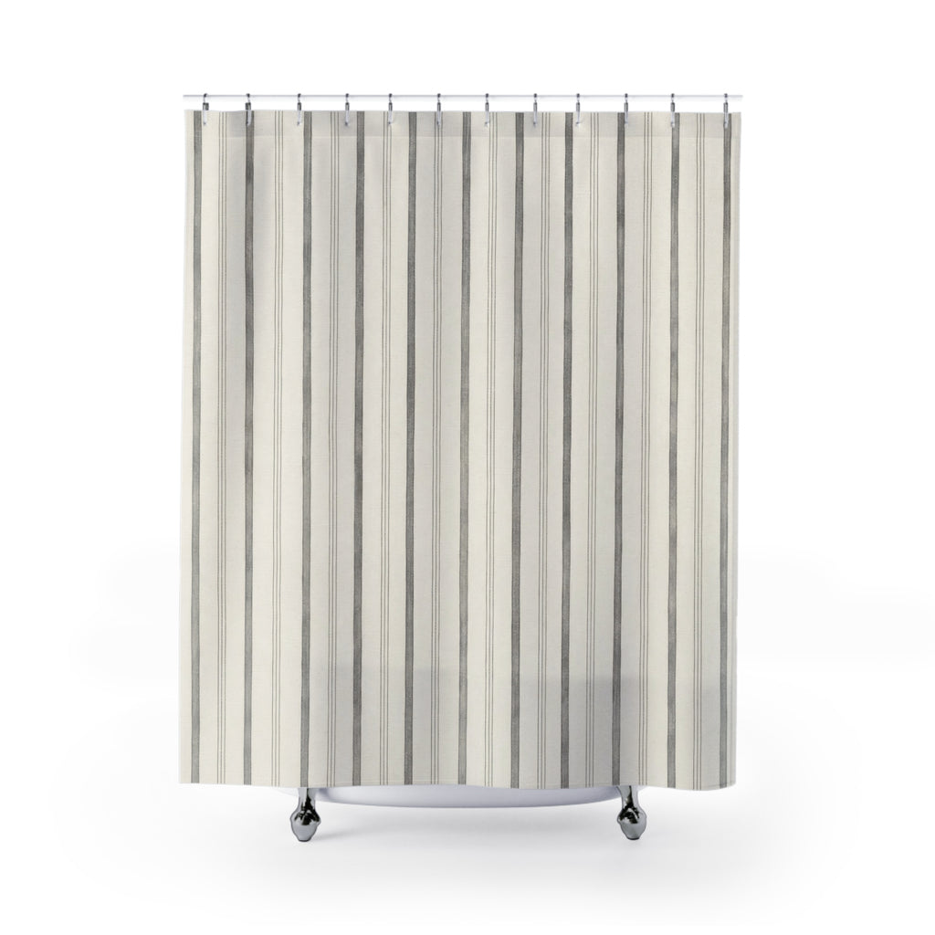 Grey Pinstripe Shower Curtain, Gray Ivory Classic Bathroom Decor, Modern Stripe Bath Curtain, Guest Bath Decor, Small Bathroom Decor