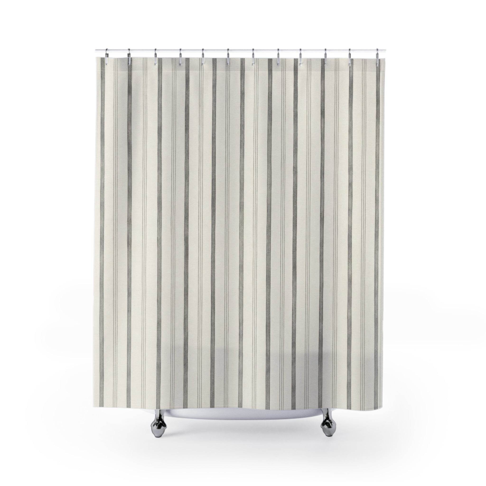 Grey Pinstripe Shower Curtain, Gray Ivory Classic Bathroom Decor, Modern Stripe Bath Curtain, Guest Bath Decor, Small Bathroom Decor