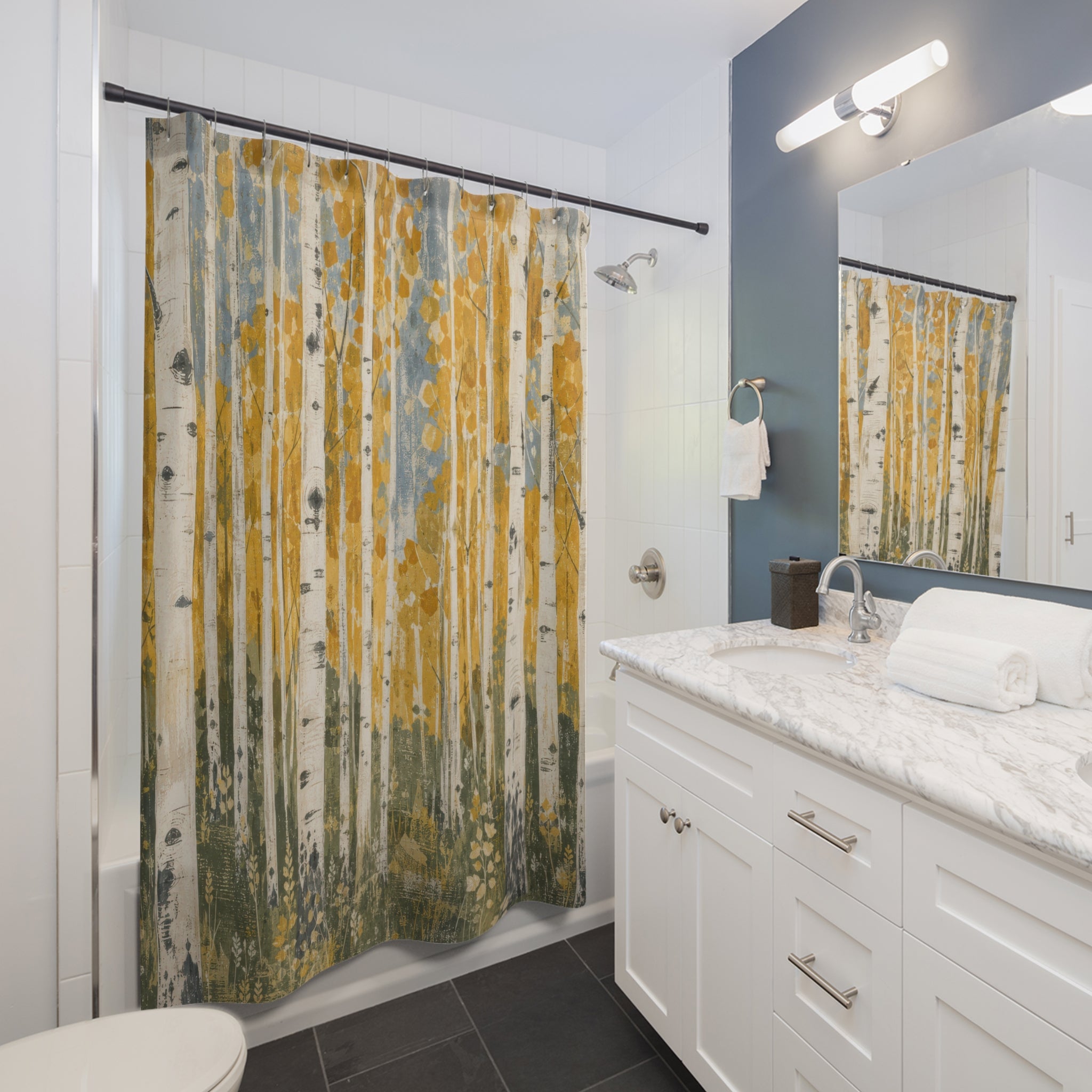 Painterly Aspen Shower Curtain, Golden Leaf Forest Bath Decor, Sage Green Tree Pattern, Rustic Nature Inspired Cabin Bathroom Decor