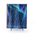 Aurora night snowfall shower curtain with full front view