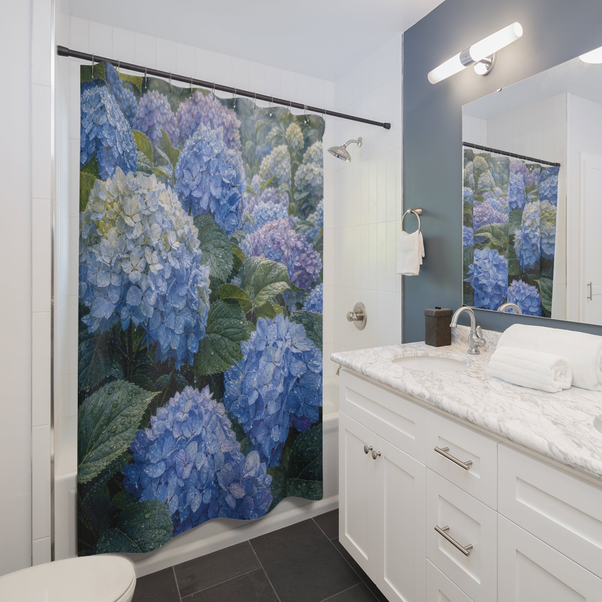 Blue Hydrangea Rain Garden Shower Curtain