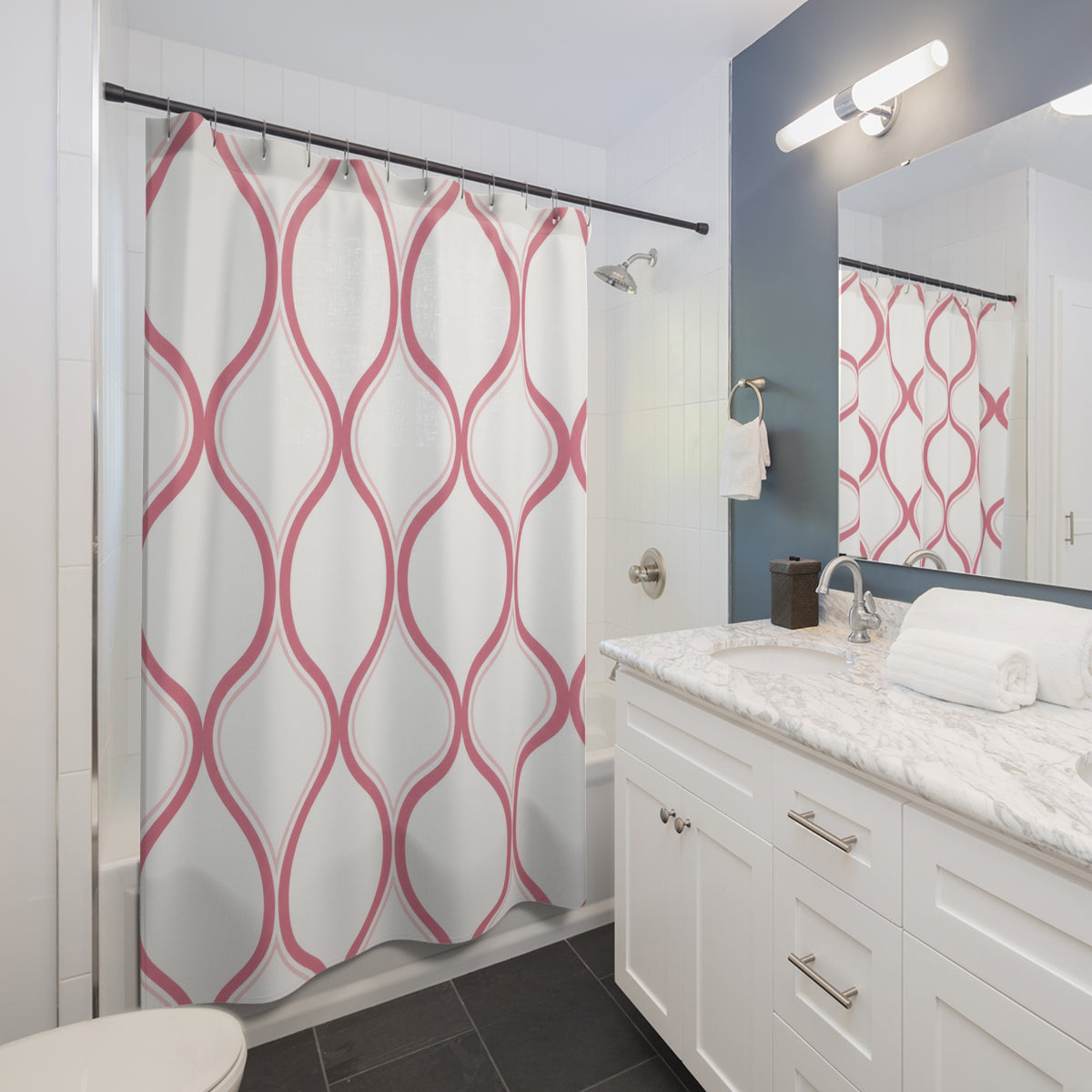 Rose ogee trellis with blush outlines on white shower curtain beside a white vanity
