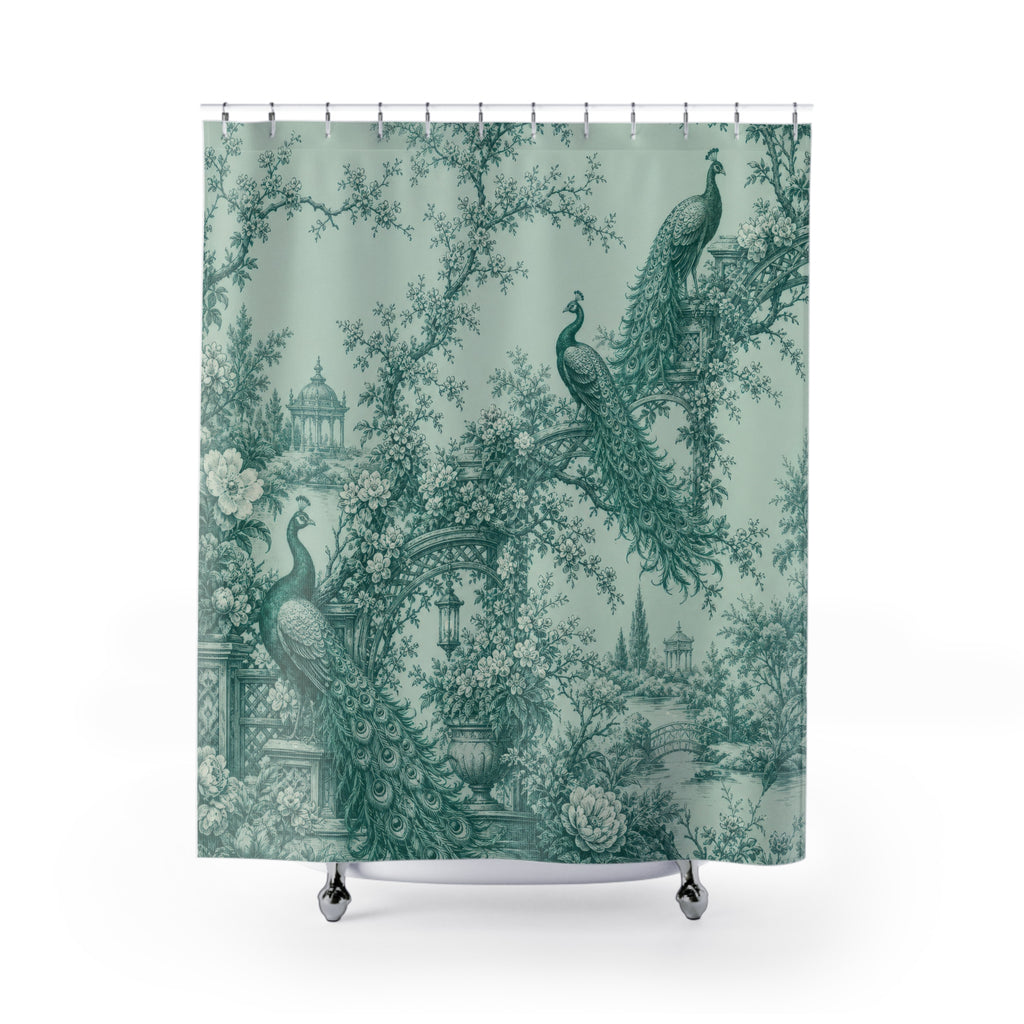 Verdigris Peacock Toile Shower Curtain