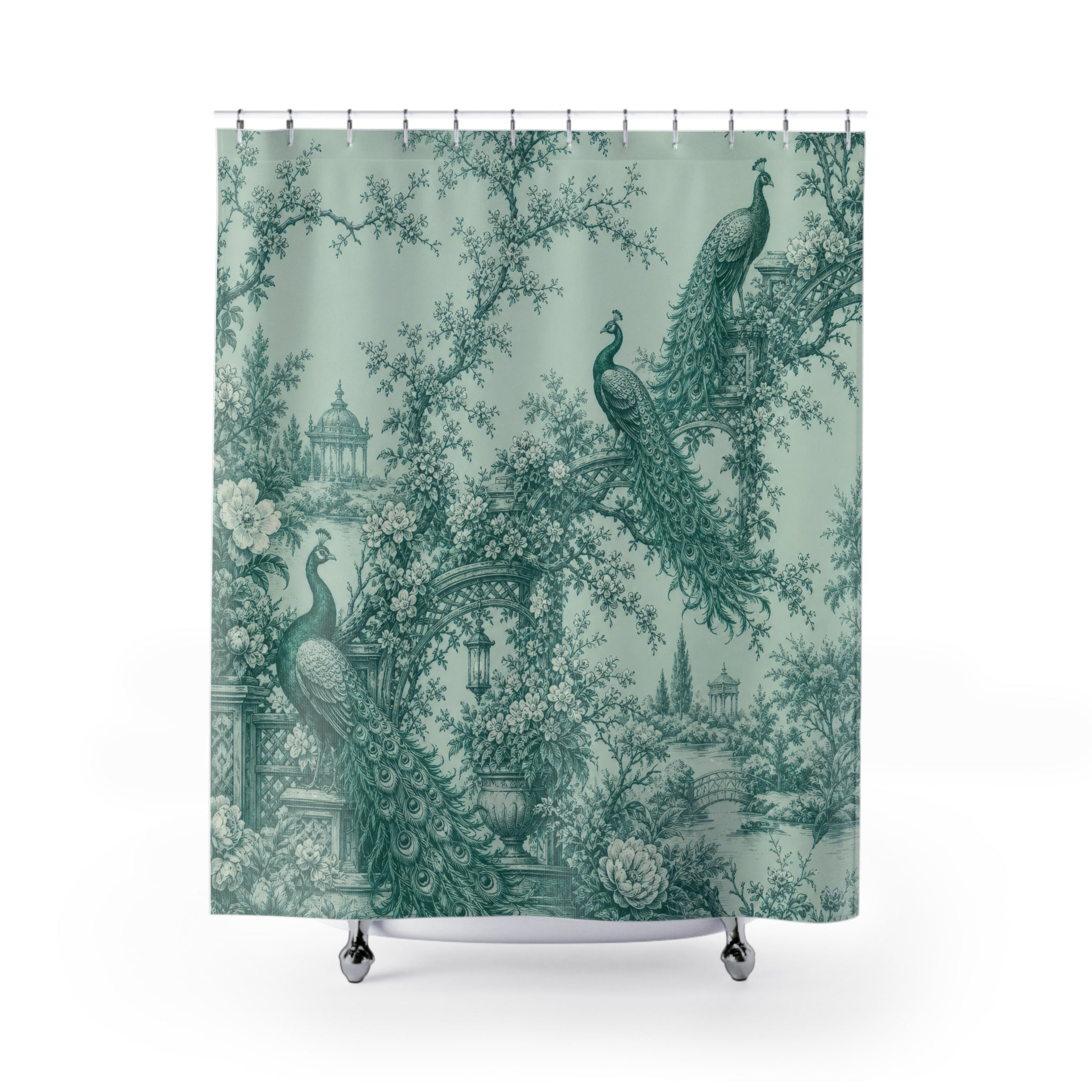 Verdigris Peacock Toile Shower Curtain