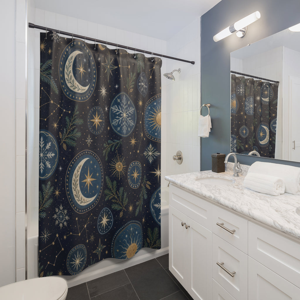 Celestial Christmas Shower Curtain, Navy Gold Moon Star Holiday Pattern, Winter Solstice Bathroom Decor, Elegant Festive Guest Bath